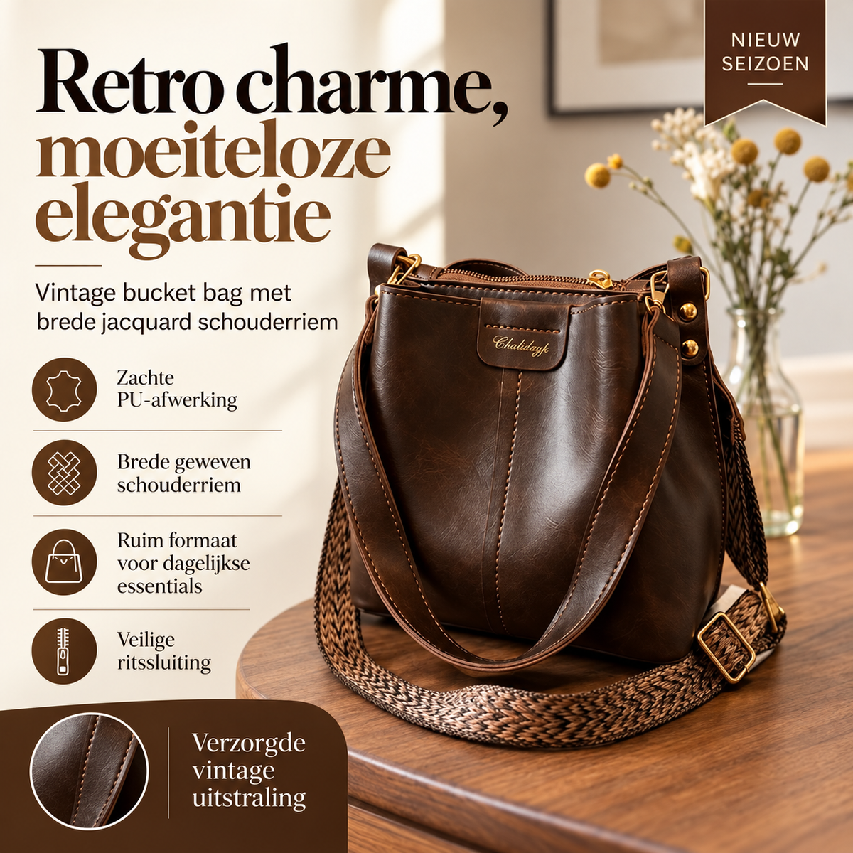 Vintage Bucket Bag met Dubbele Schouderriem