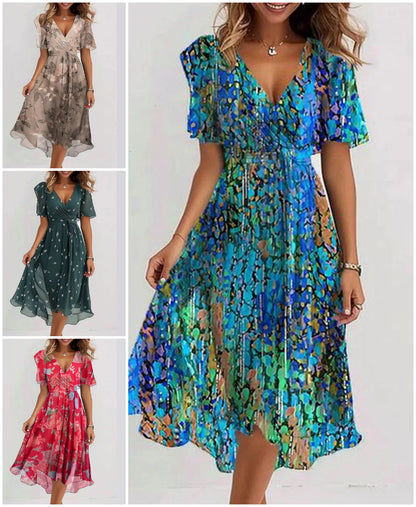 ✨Специална синя рокля с къс ръкав и средна дължина