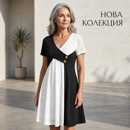 👗 Елегантна дамска рокля със сладко деколте и модерен пачуърк