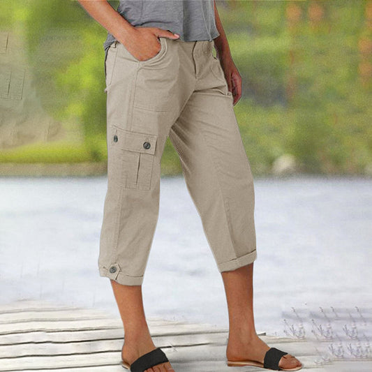 👖Много джобове еластична талия плътен цвят случайни Chino панталони