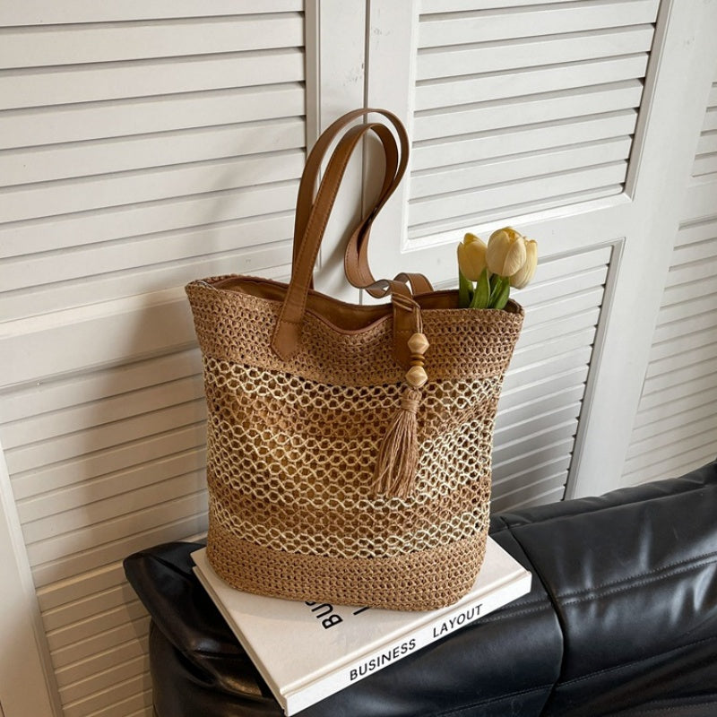 Geweven Shopper met Kwastdetail en Leren Schouderbanden-6
