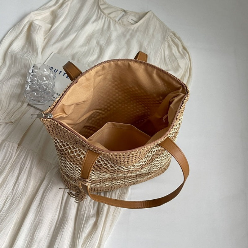 Geweven Shopper met Kwastdetail en Leren Schouderbanden-5