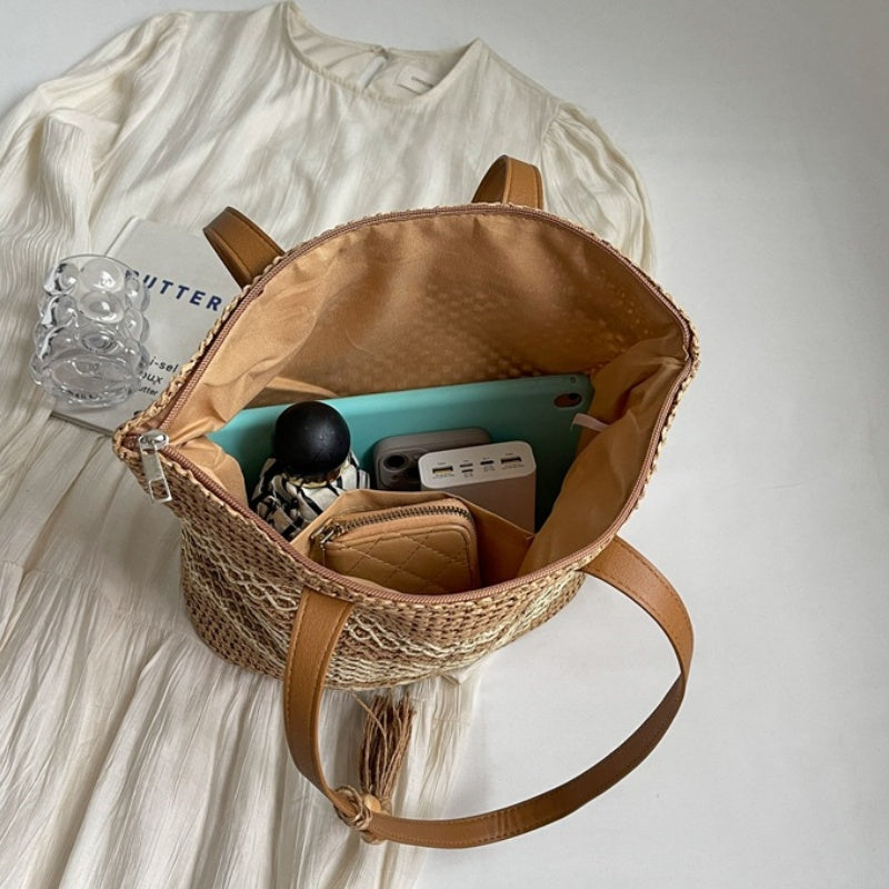 Geweven Shopper met Kwastdetail en Leren Schouderbanden-9