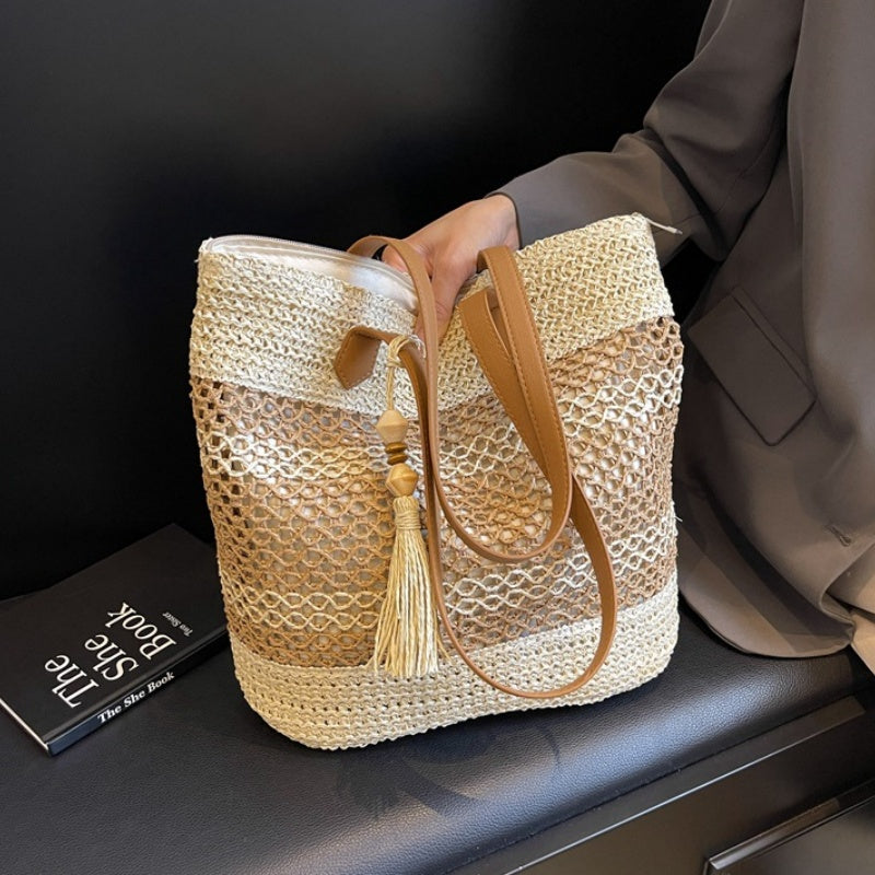 Geweven Shopper met Kwastdetail en Leren Schouderbanden-8