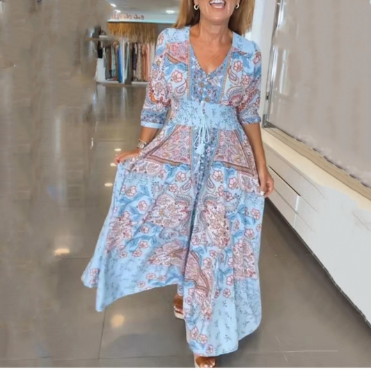 🌹Дамски елегантни флорални шнур дълга рокля