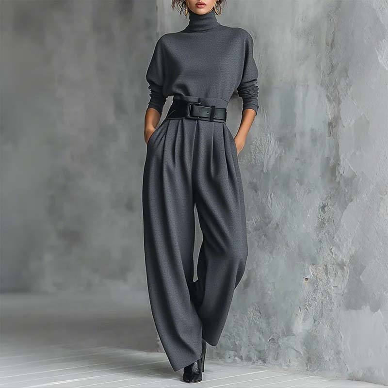 Elegante tweedelige set met coltrui en wijde broek-1