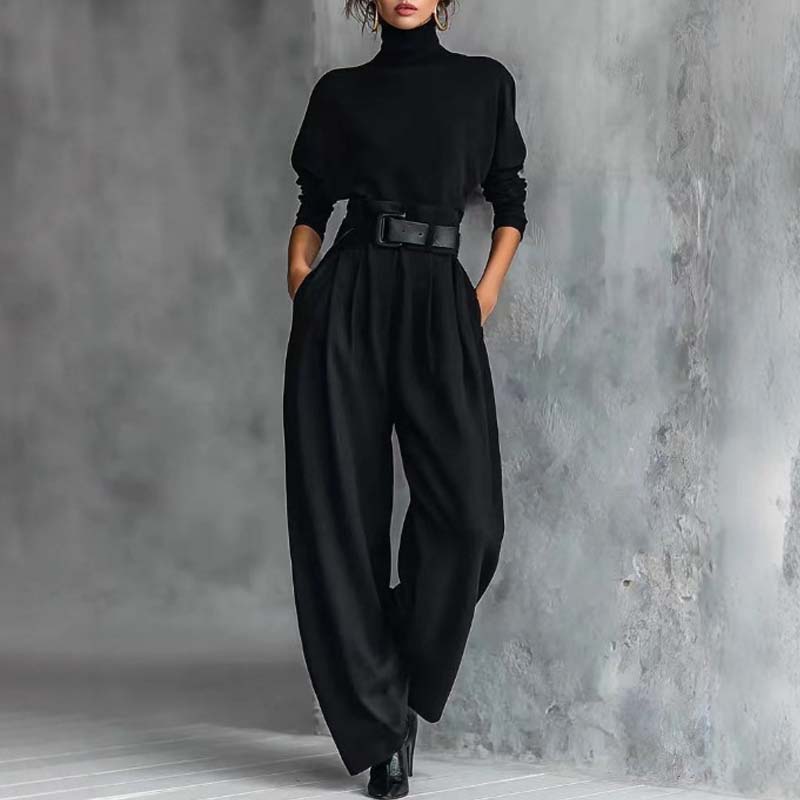 Elegante tweedelige set met coltrui en wijde broek-3
