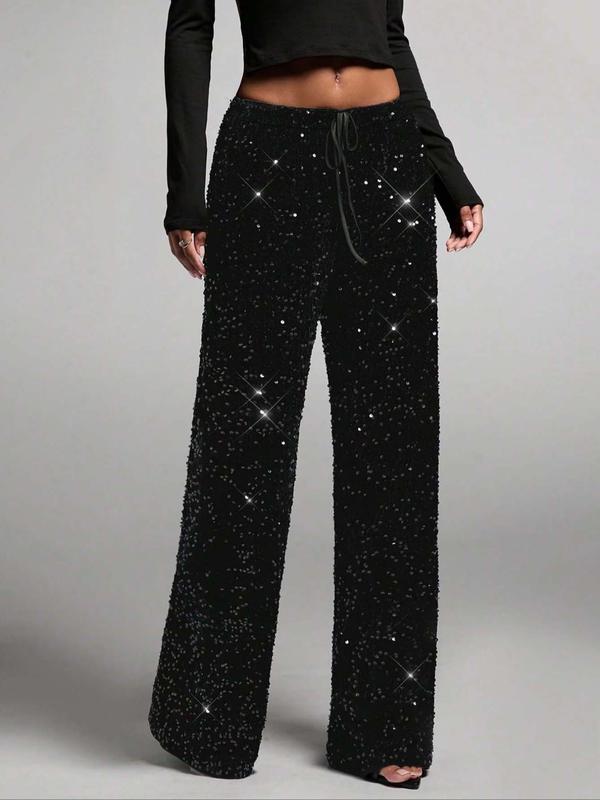 Zwarte wide-leg paillettenbroek met trekkoord