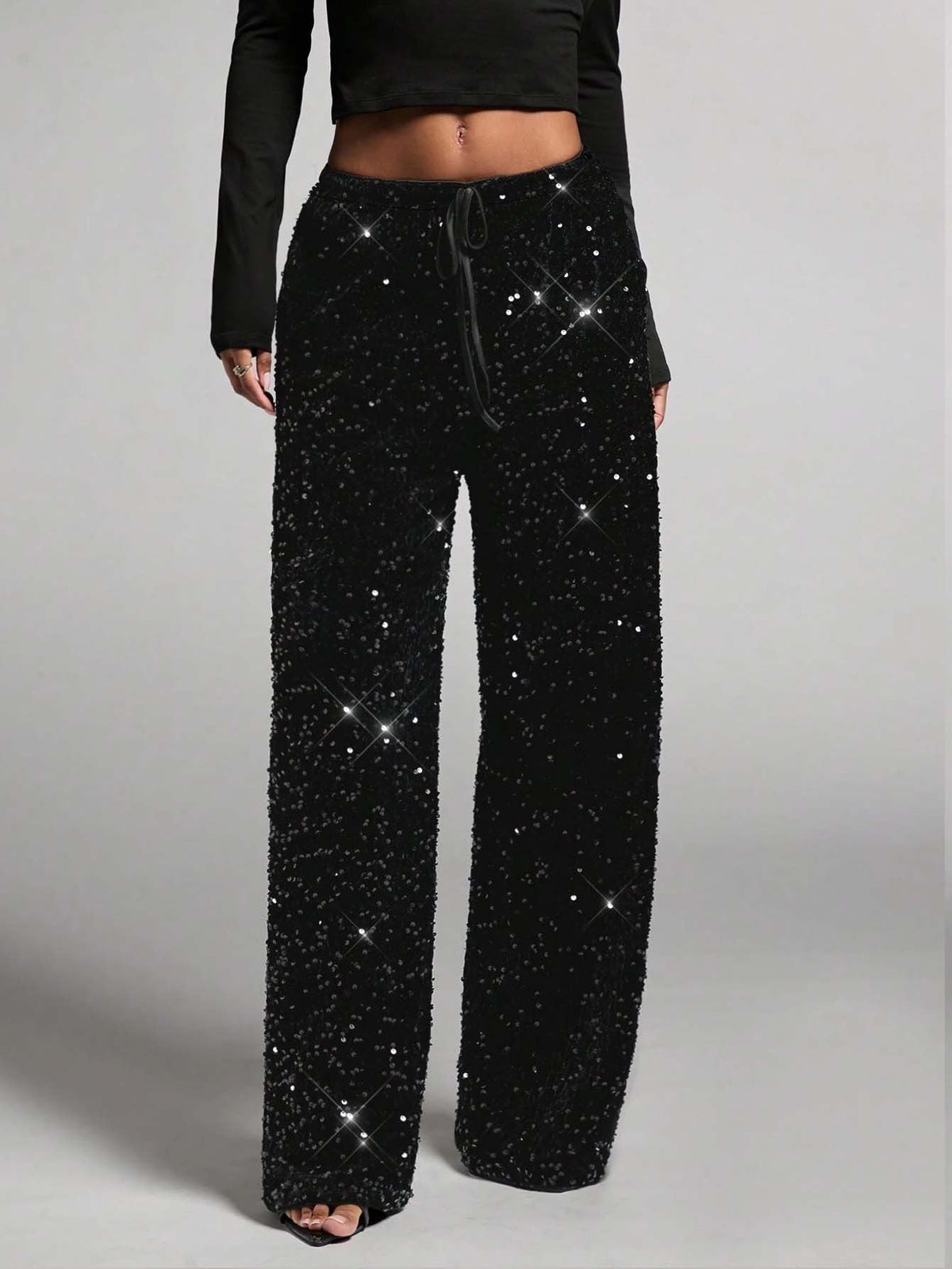 Zwarte wide-leg paillettenbroek met trekkoord-4