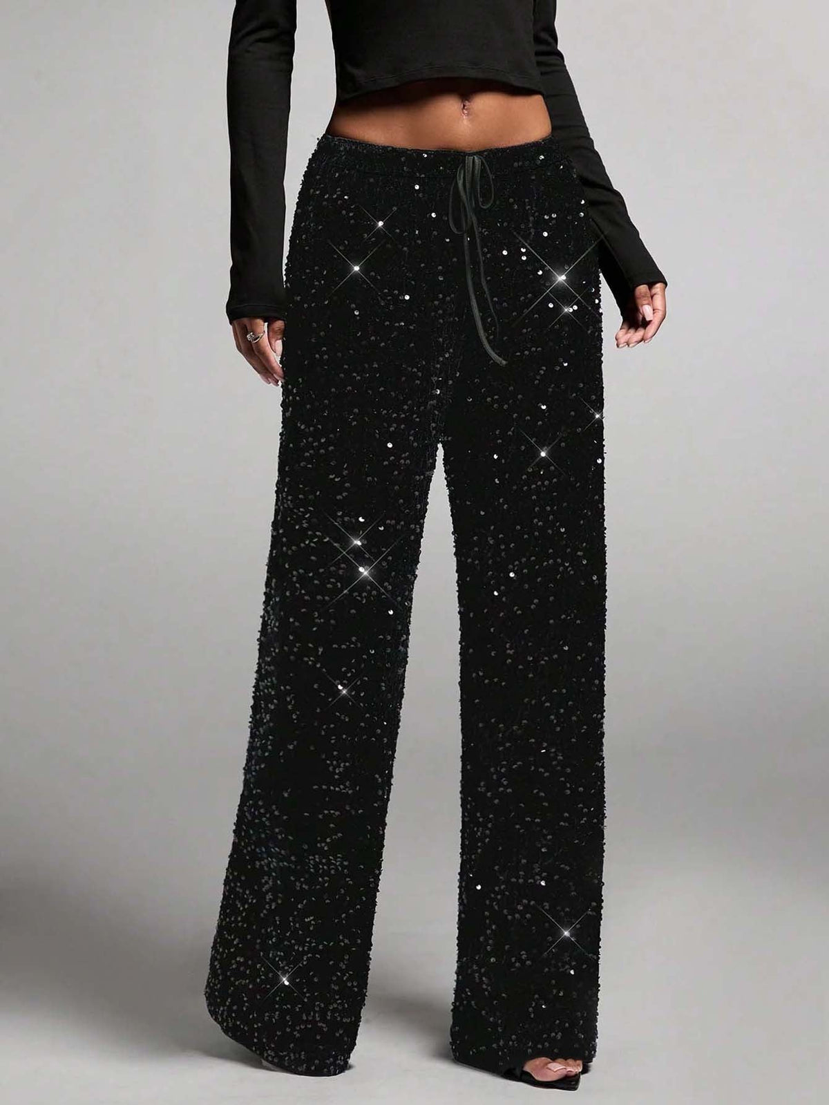 Zwarte wide-leg paillettenbroek met trekkoord-6