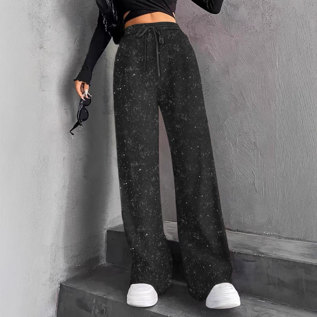 Zwarte wide-leg paillettenbroek met trekkoord-7