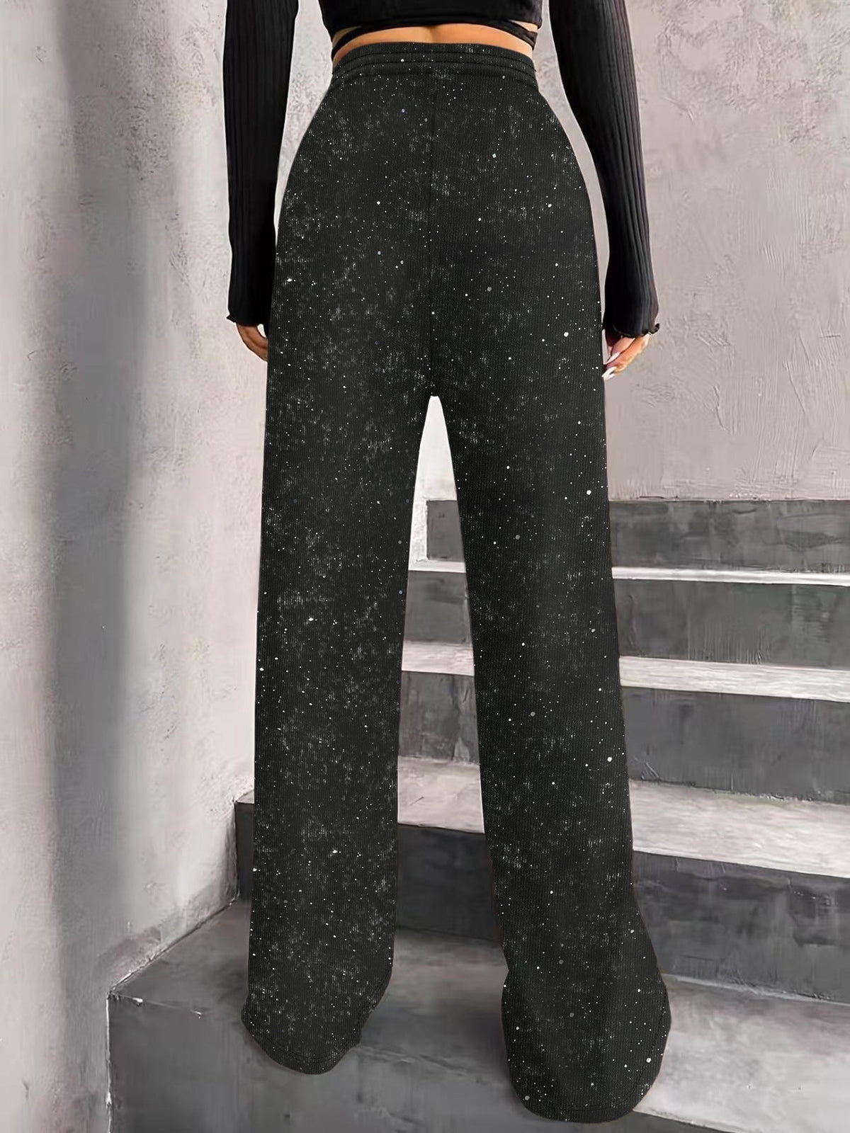 Zwarte wide-leg paillettenbroek met trekkoord-8