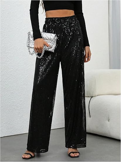 Zwarte wide-leg paillettenbroek met trekkoord-10