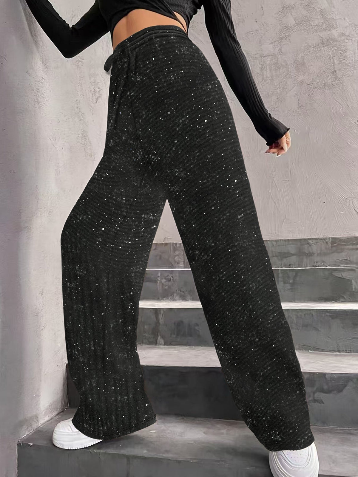 Zwarte wide-leg paillettenbroek met trekkoord-9