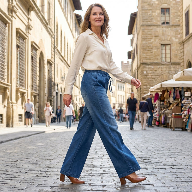 Casual Denim Broek met Elastische Taille, Trekkoord en Wijde Pijpen-1