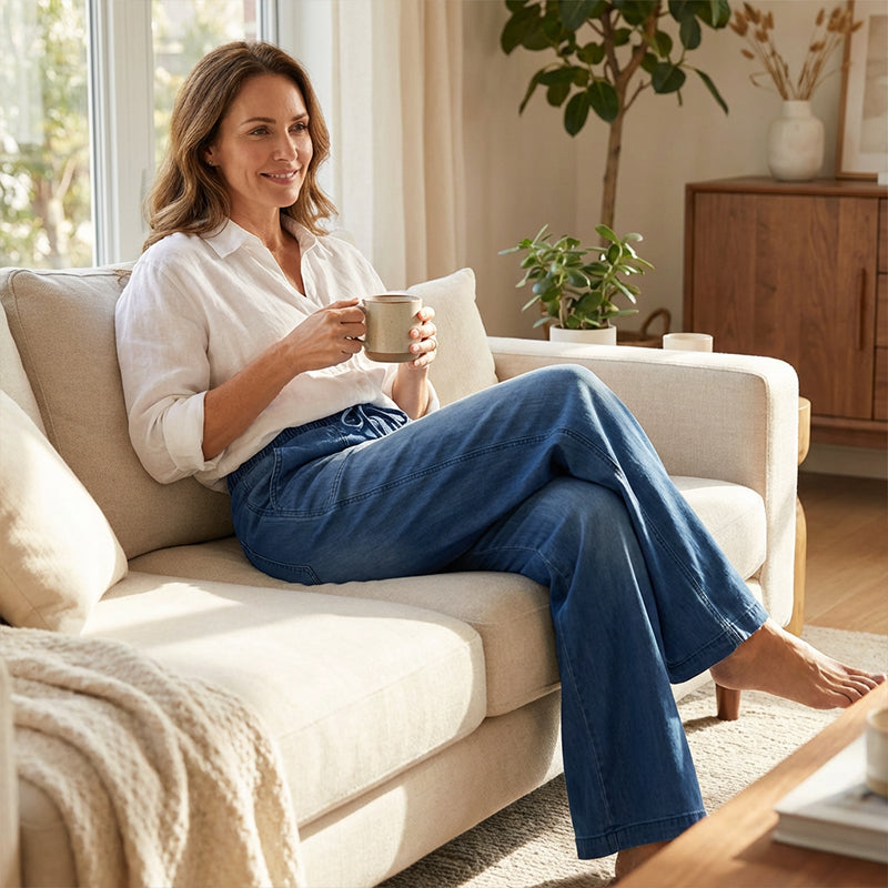 Casual Denim Broek met Elastische Taille, Trekkoord en Wijde Pijpen-4