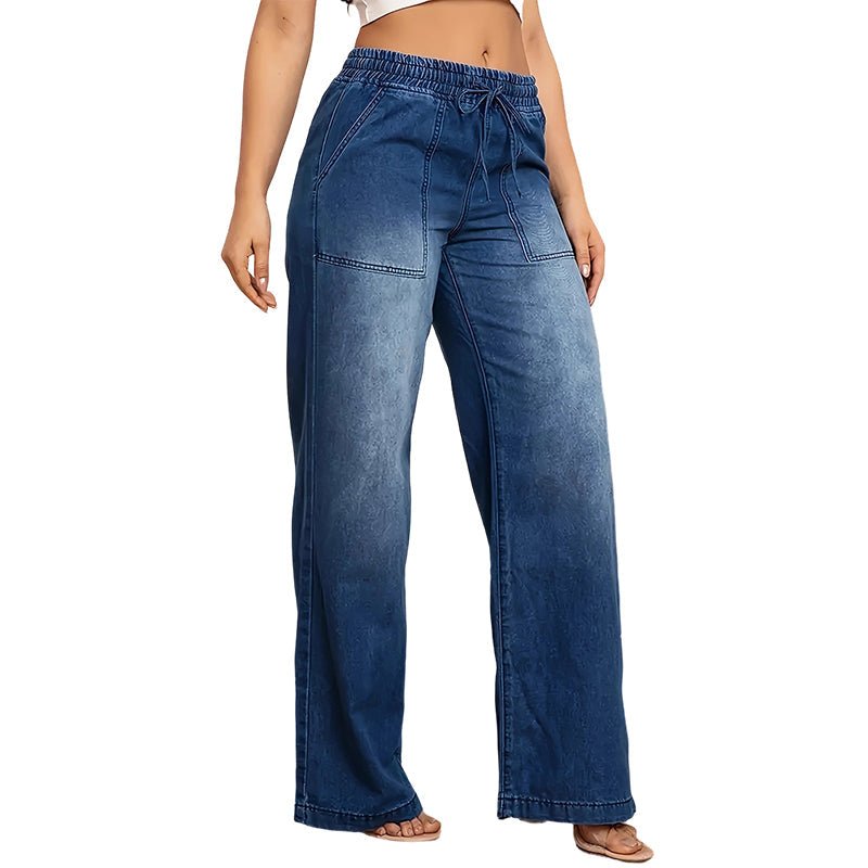 Casual Denim Broek met Elastische Taille, Trekkoord en Wijde Pijpen-9