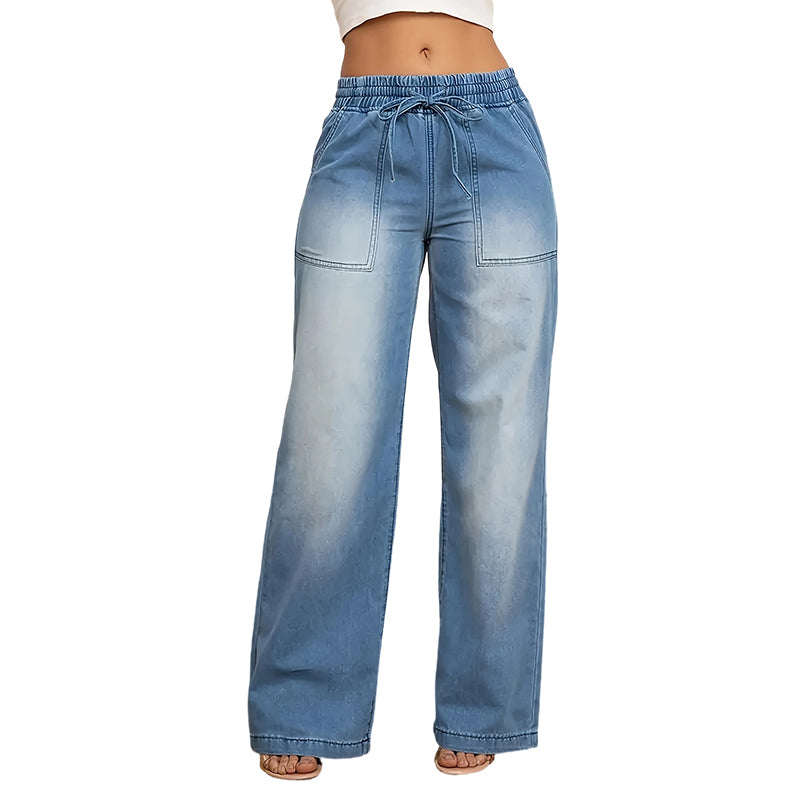 Casual Denim Broek met Elastische Taille, Trekkoord en Wijde Pijpen-10