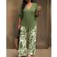 ✨ Комплект дамска блуза с V-образно деколте и принтиран панталон с широк крачол