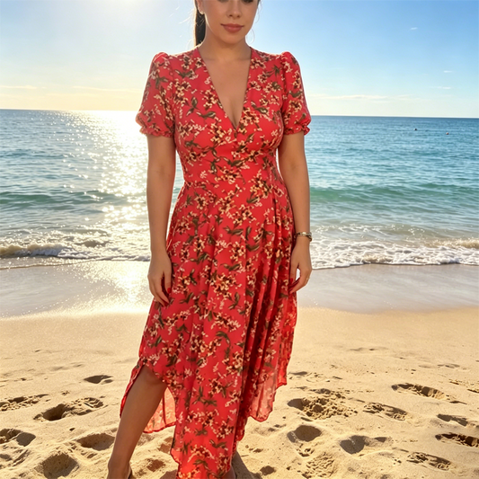 Дамска рокля с V-образно деколте и флорален принт