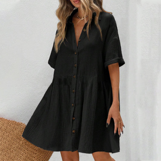 Shirt Neck Short Sleeve Button Midi Dress