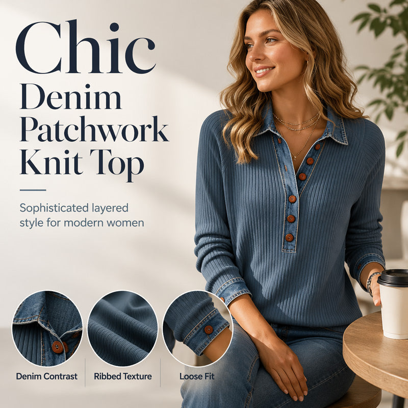 Geribde Gebreide Top met Denim Details en Knoopsluiting