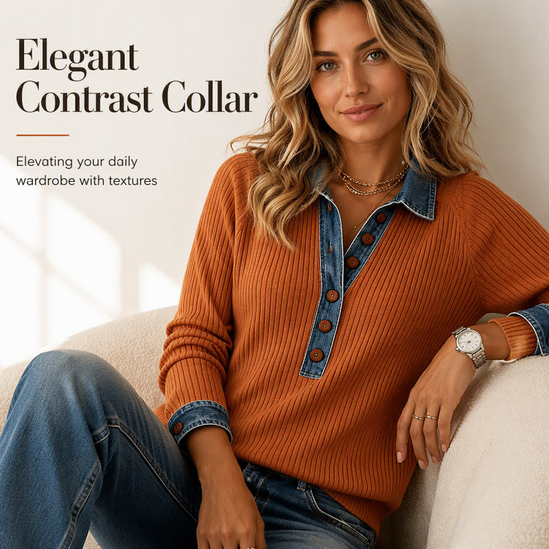 Geribde Gebreide Top met Denim Details en Knoopsluiting-3