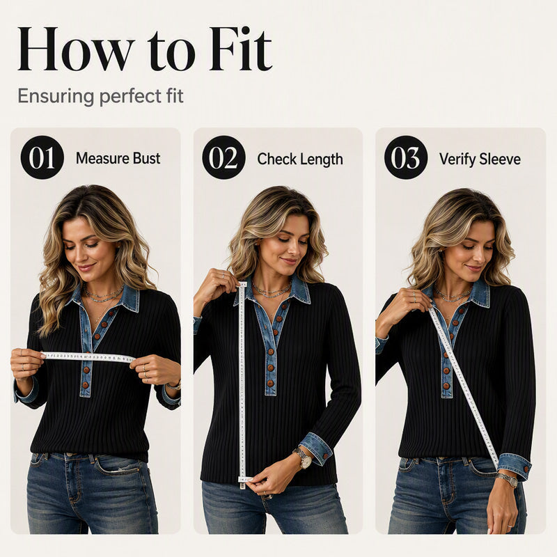 Geribde Gebreide Top met Denim Details en Knoopsluiting-5