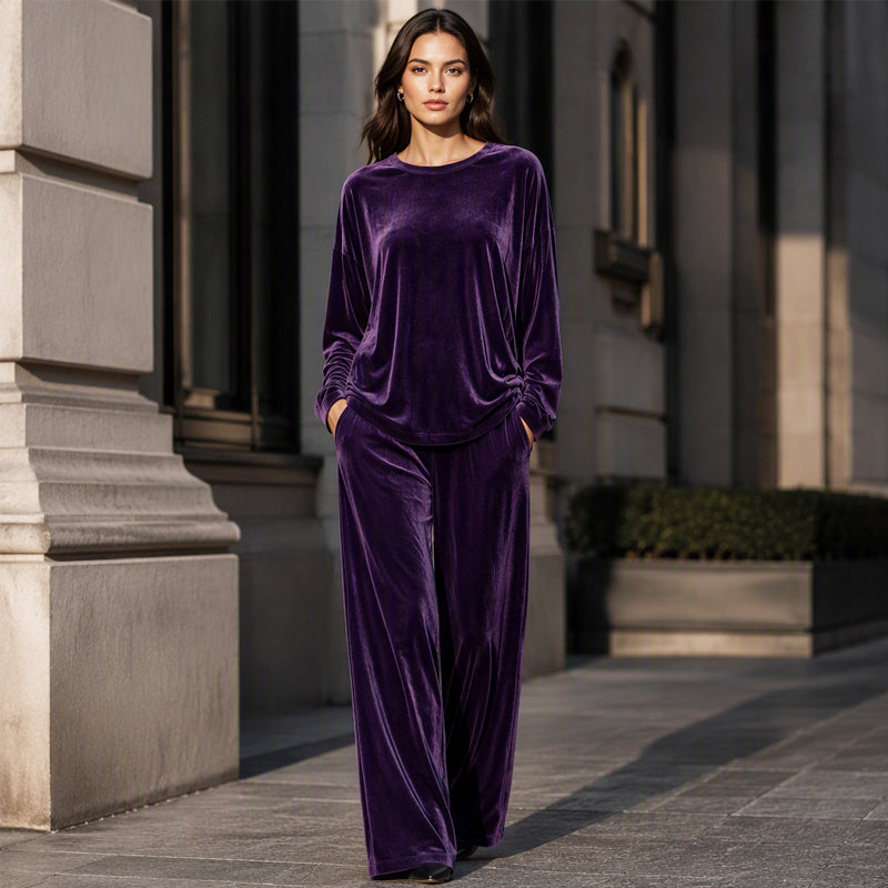 Tweedelige velours set met wijde broek voor dames-5