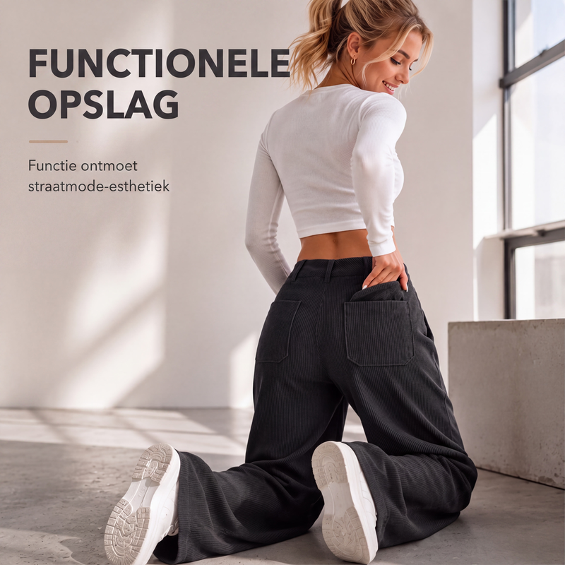 High-Waist Corduroy Cargobroek met Wijde Pijpen-6