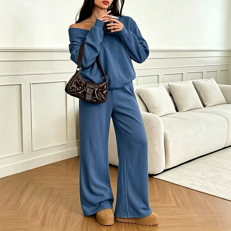 Tweedelige loungeset met V-hals en wijde broek-10