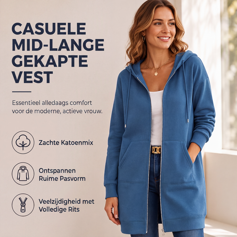 Casual Middellang Vest met Capuchon en Ritssluiting