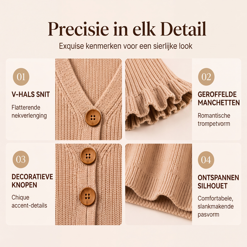 Elegante Gebreide Cardigan met V-Hals, Knopen en Ruchesmouwen-1