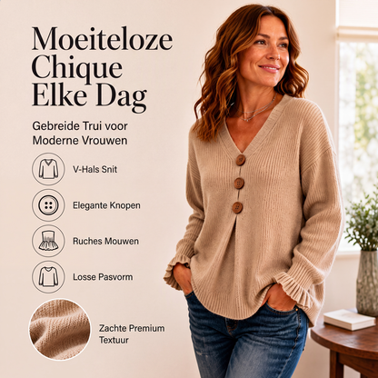 Elegante Gebreide Cardigan met V-Hals, Knopen en Ruchesmouwen