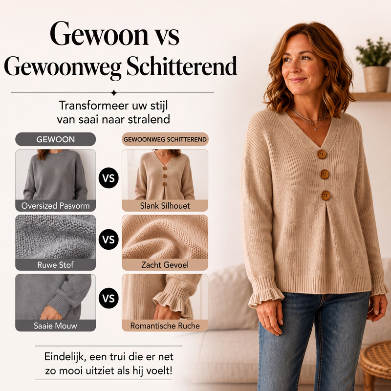 Elegante Gebreide Cardigan met V-Hals, Knopen en Ruchesmouwen-3
