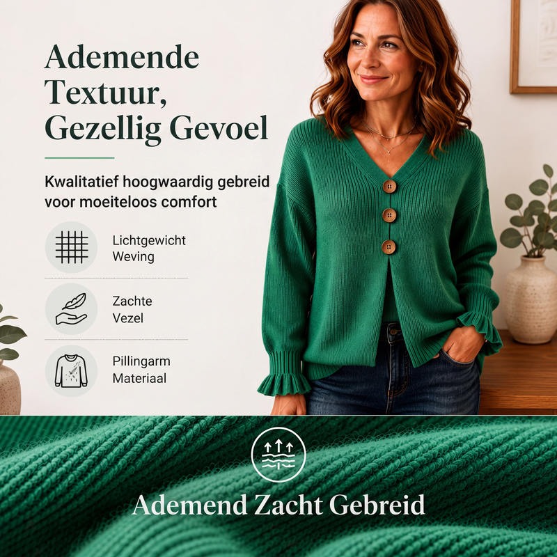 Elegante Gebreide Cardigan met V-Hals, Knopen en Ruchesmouwen-4