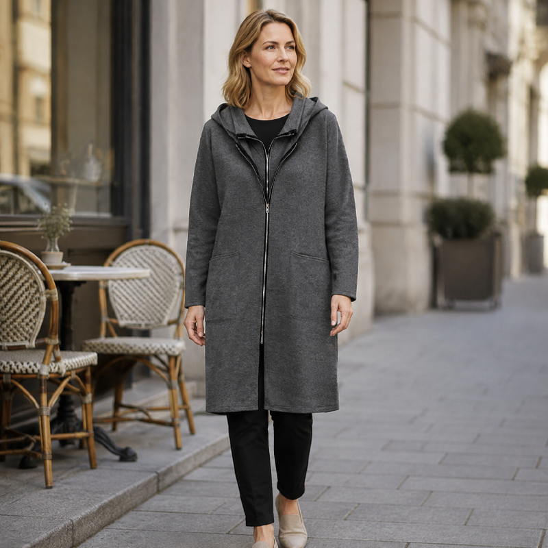 Lange Casual Jas met Capuchon en Ritssluiting-6