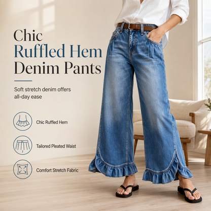 👖 Дамски удобни стрейч дънкови панталони с широк крачол, плисиран колан и волани по подгъва