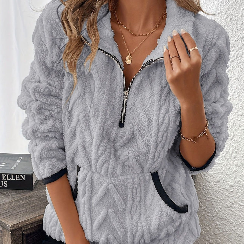 Zachte Fleece Trui met Kabelstructuur en Kwartrits-4