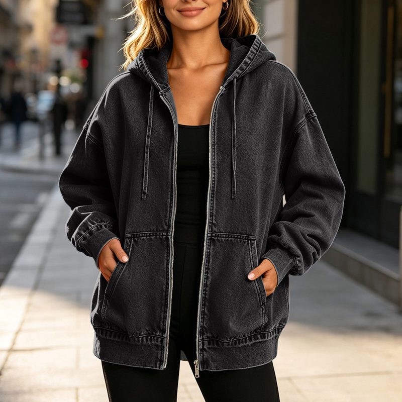 Vintage Gewassen Hoodie met Ritssluiting