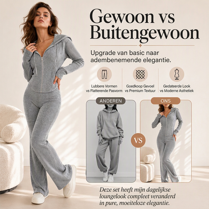 Geribde 2-Delige Lounge Set met Ritssluiting en Wijde Pijpen-2