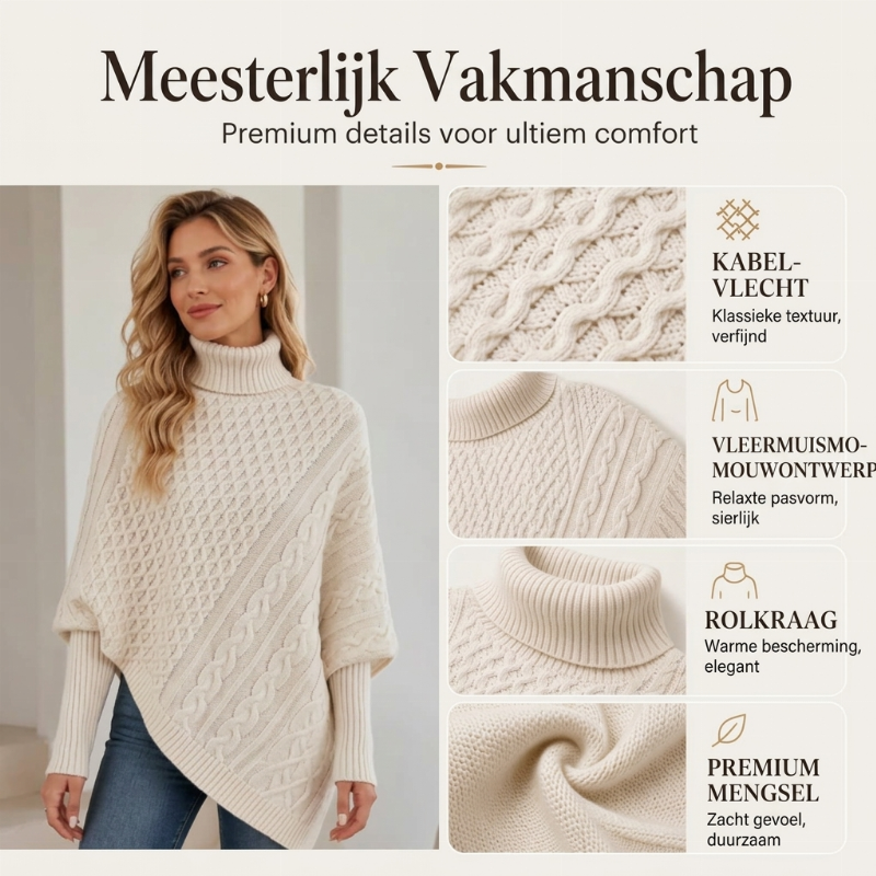 Asymmetrische Kabelgebreide Poncho-Trui met Col-1