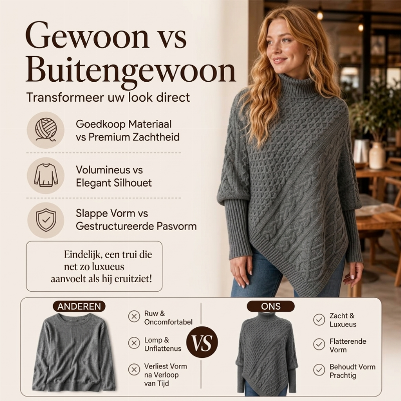 Asymmetrische Kabelgebreide Poncho-Trui met Col-2