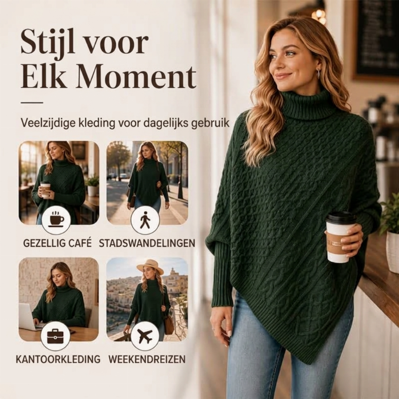 Asymmetrische Kabelgebreide Poncho-Trui met Col-4