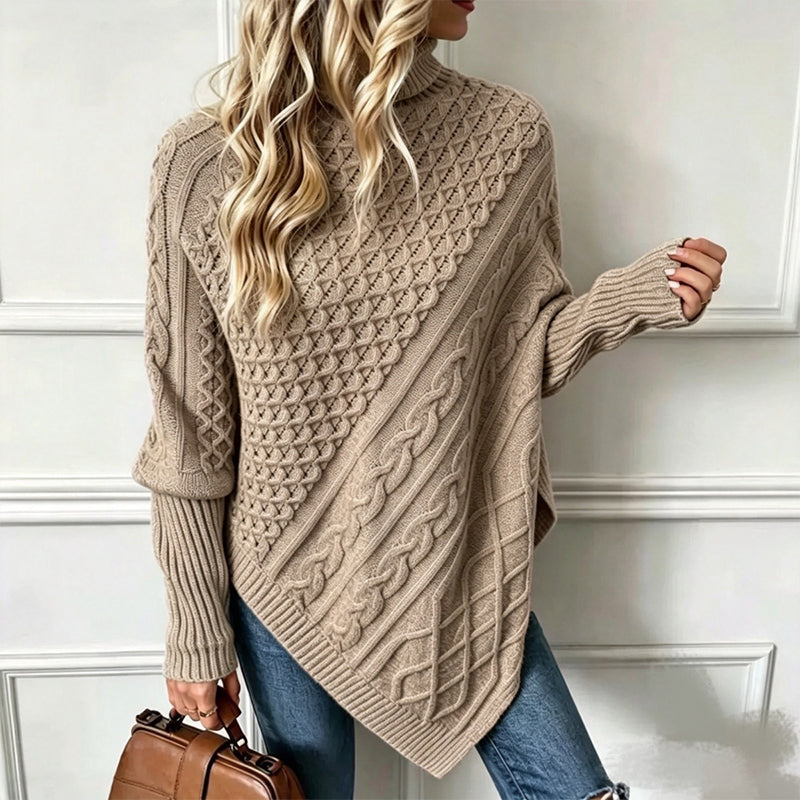 Asymmetrische Kabelgebreide Poncho-Trui met Col-8