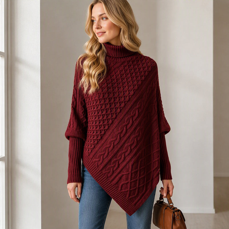 Asymmetrische Kabelgebreide Poncho-Trui met Col-6