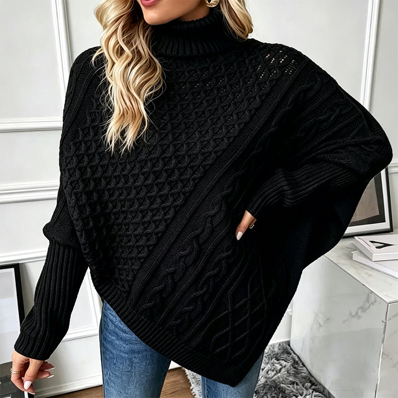 Asymmetrische Kabelgebreide Poncho-Trui met Col-7