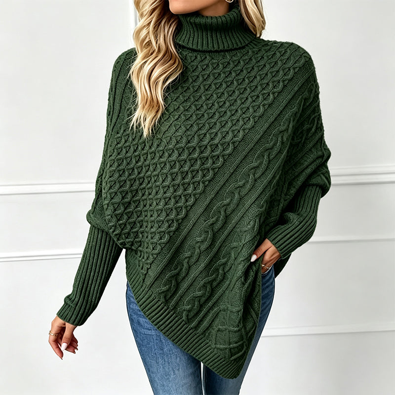 Asymmetrische Kabelgebreide Poncho-Trui met Col-11