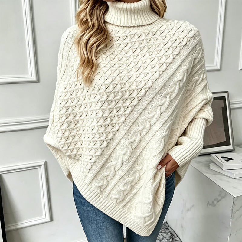 Asymmetrische Kabelgebreide Poncho-Trui met Col-12