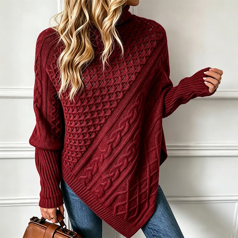 Asymmetrische Kabelgebreide Poncho-Trui met Col-9